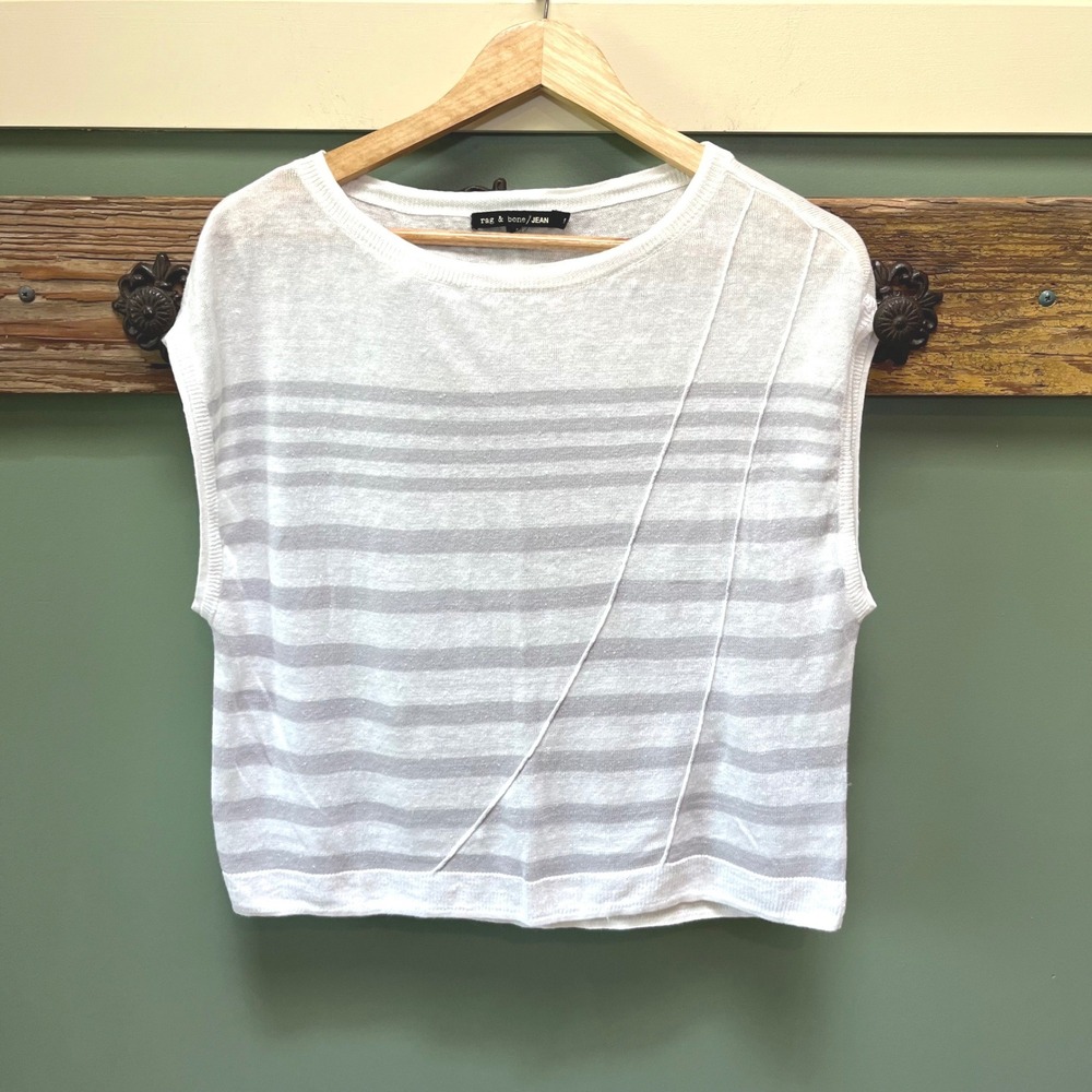 Rag & Bone Jean Womens Small White Grey Striped 100% Linen Sleeveless Knit Top‎